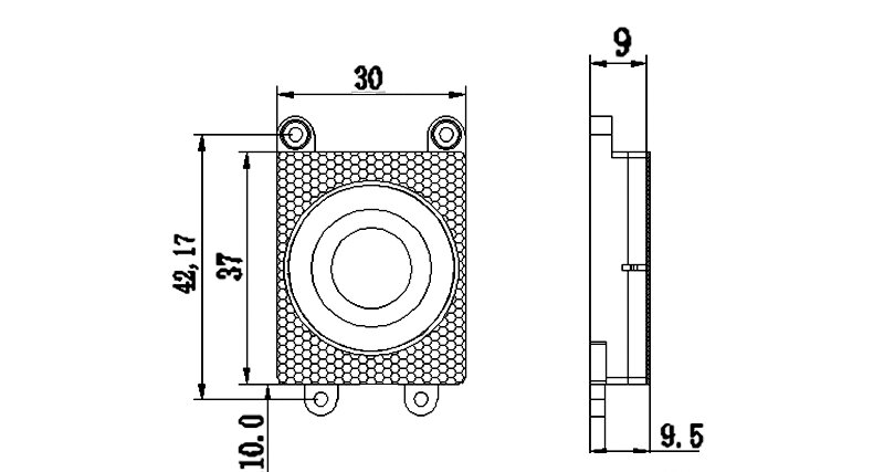Boxed Loudspeaker Driver 37x30x9.5mm (1.46"x1.18"x0.37"), 4Ω 2W/3W - Dimensions (XDEC Cavity Speaker Driver)