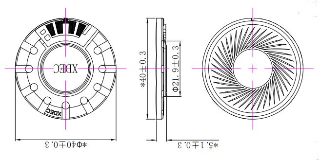 Earphone Speaker Driver diameter 40mm (1.57"), height 5.1mm (0.20)", 32Ω 30mW/40mW - Dimensions (XDEC Headphone Speaker Driver)