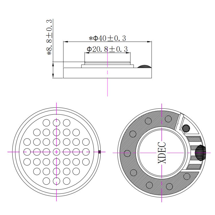 Headphone Speaker Unit diameter 40mm (1.57"), height 12.7mm (0.50)", 32Ω 20mW/30mW - Dimensions (XDEC Headphone Speaker Driver)