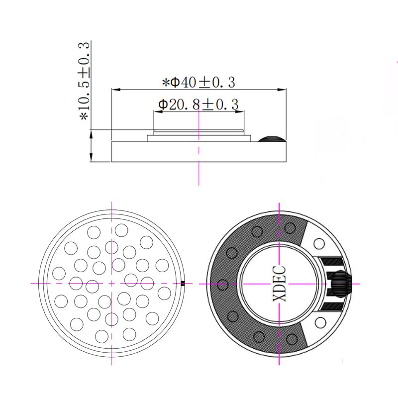 Headset Driver diameter 40mm (1.57"), height 10.5mm (0.41)", 32Ω 30mW/40mW - Dimensions (XDEC Headphone Speaker Driver)