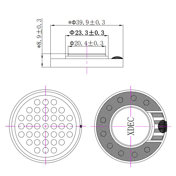 Headphone Speaker Driver diameter 40mm (1.57"), height 8.9mm (0.35)", 32Ω 40mW/50mW - Dimensions (XDEC Headphone Speaker Driver)
