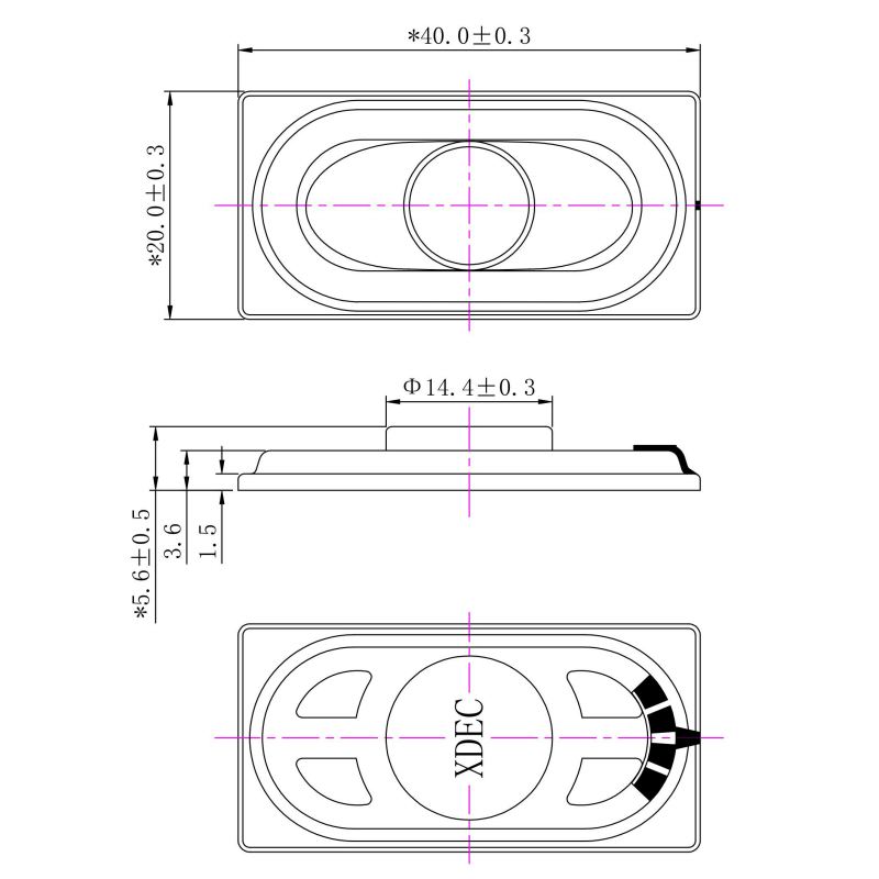 Micro Speaker Driver 20x40x5.6mm (0.79"x1.57"x0.22"), 8Ω 1W/1.5W - Dimensions (XDEC Micro Speaker Driver)
