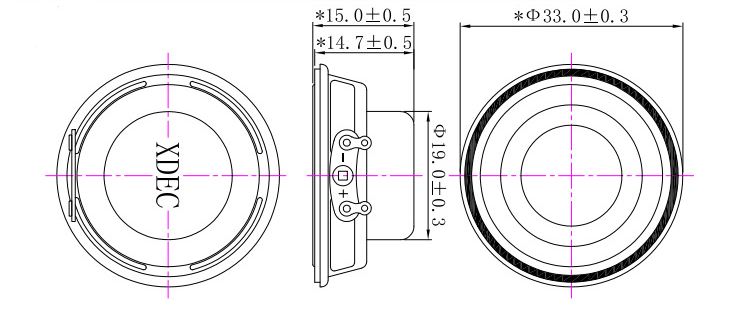 Multimedia Speaker Unit diameter 33mm (1.30"), height 14.9mm (0.59)", 4Ω 3W/5W - Dimensions (XDEC Multimedia Speaker Driver)