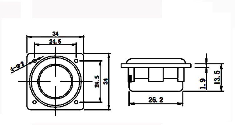 Multimedia Loudspeaker Driver 34x34x13.5mm (1.34"x1.34"x0.53"), 8Ω 2W/3W - Dimensions (XDEC Multimedia Speaker Driver)