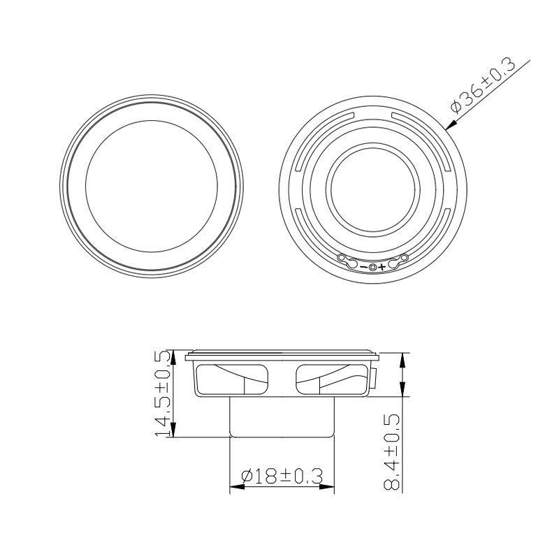 Multimedia Loudspeaker Driver diameter 36mm (1.42"), height 14.5mm (0.57)", 8Ω 2W/3W - Dimensions (XDEC Multimedia Speaker Driver)