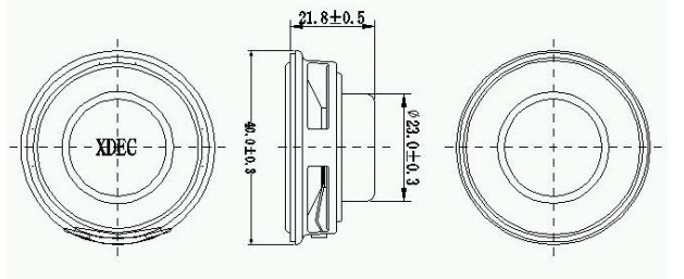 Multimedia Speaker Driver diameter 40mm (1.57"), height 21.8mm (0.86)", 4Ω 5W/6W - Dimensions (XDEC Multimedia Speaker Driver)