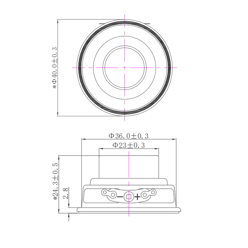 Multimedia Speaker Driver diameter 40mm (1.57"), height 24.3mm (0.96"), 4Ω 5W/6W - Dimensions (XDEC Multimedia Speaker Driver)