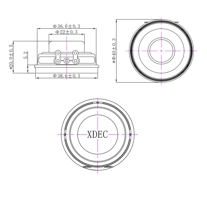HiFi Speaker Driver diameter 40mm (1.57"), height 20.0mm (0.79)", 4Ω 5W/6W - Dimensions (XDEC Multimedia Speaker Driver)
