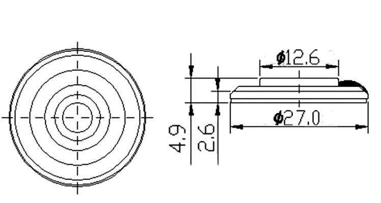 Mylar Speaker Driver diameter 27mm (1.06"), height 4.9mm (0.19)", 64Ω 0.25W/0.35W - Dimensions (XDEC Mylar Speaker Driver)