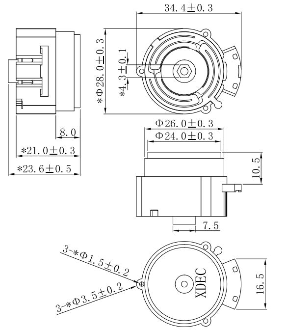 Vibration Exciter diameter 28mm (1.10"), height 29.8mm (1.17)", 8Ω 4W/5W - Dimensions (XDEC Sound Exciter)