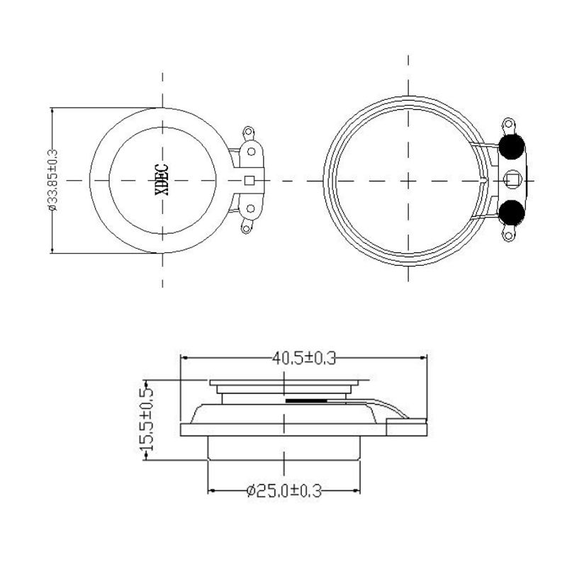 Haptic Actuator diameter 33mm (1.30"), height 15.5mm (0.61)", 4Ω 3W/4W - Dimensions (XDEC Sound Exciter)
