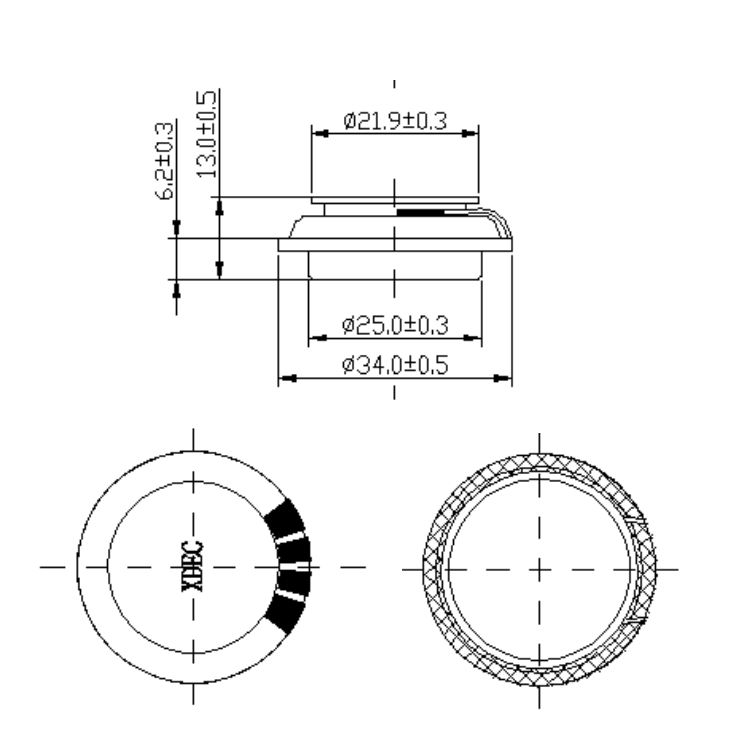 Tactile Transducer diameter 33mm (1.30"), height 13.3mm (0.52)", 4Ω 8W/10W - Dimensions (XDEC Sound Exciter)